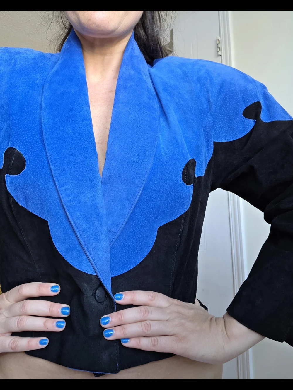 Vintage suede leather cropped jacket • electric blue & black • sculptural collar - Picture 1 of 10